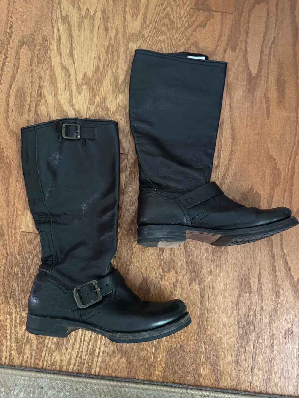 Frye Black Leather Mid-Calf Buckle Boots
